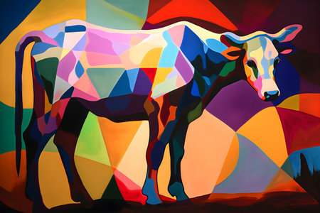 A beautiful cow, modern artwork, abstract colorful painting with geometric shapes. Hand drawn digital painting. Created with generative AIの素材
