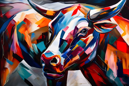 A beautiful bull, modern artwork, abstract colorful painting with geometric shapes. Hand drawn digital painting. Created with generative AIの素材
