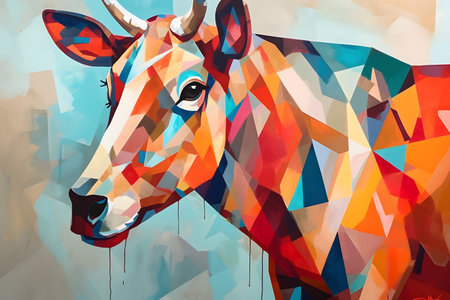 A beautiful cow, modern artwork, abstract colorful painting with geometric shapes. Hand drawn digital painting. Created with generative AIの素材
