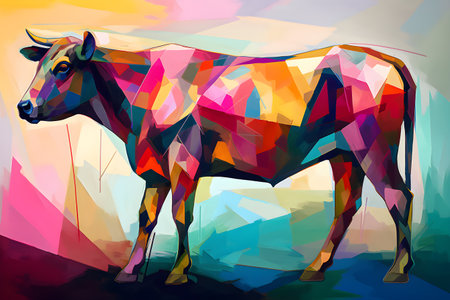 A beautiful cow, modern artwork, abstract colorful painting with geometric shapes. Hand drawn digital painting. Created with generative AIの素材