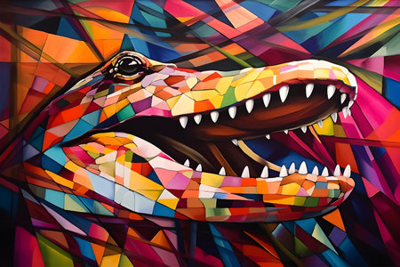 A beautiful crocodile, modern artwork, abstract colorful painting with geometric shapes. Hand drawn digital painting. Created with generative AIの素材
