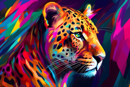 A beautiful cheetah, modern artwork, abstract colorful painting with geometric shapes. Hand drawn digital painting. Created with generative AIの素材
