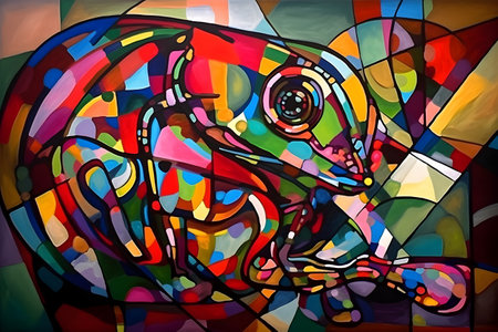 A beautiful chameleon, modern artwork, abstract colorful painting with geometric shapes. Hand drawn digital painting. Created with generative AIの素材
