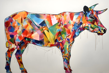 A beautiful cow, modern artwork, abstract colorful painting with geometric shapes. Hand drawn digital painting. Created with generative AIの素材