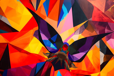 A beautiful bat, modern artwork, abstract colorful painting with geometric shapes. Hand drawn digital painting. Created with generative AIの素材