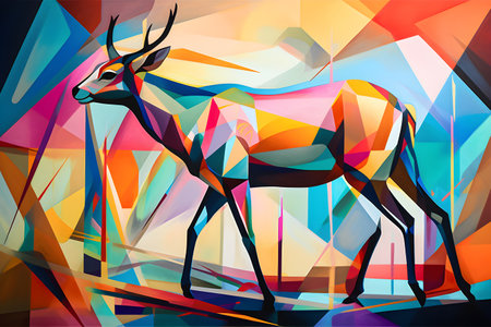 A beautiful antelope, modern artwork, abstract colorful painting with geometric shapes. Hand drawn digital painting. Created with generative AIの素材