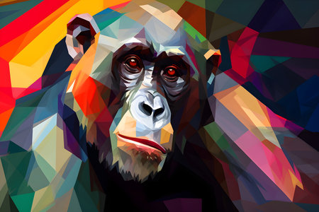 A beautiful chimpanzee, modern artwork, abstract colorful painting with geometric shapes. Hand drawn digital painting. Created with generative AIの素材