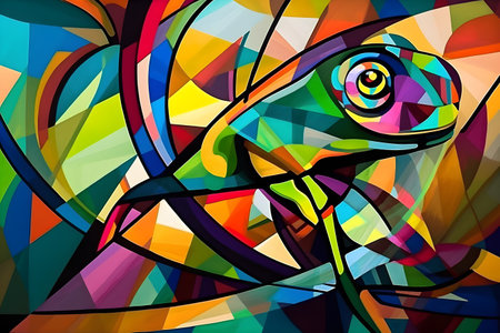 A beautiful chameleon, modern artwork, abstract colorful painting with geometric shapes. Hand drawn digital painting. Created with generative AIの素材