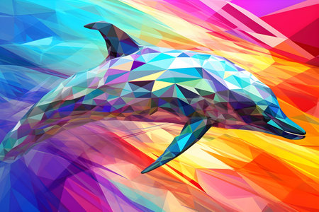 A beautiful dolphin, modern artwork, abstract colorful painting with geometric shapes. Hand drawn digital painting. Created with generative AIの素材