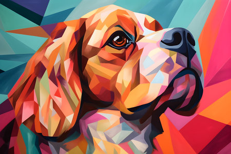 A beautiful dog, modern artwork, abstract colorful painting with geometric shapes. Hand drawn digital painting. Created with generative AIの素材