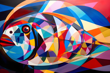 A beautiful fish, modern artwork, abstract colorful painting with geometric shapes. Hand drawn digital painting. Created with generative AIの素材