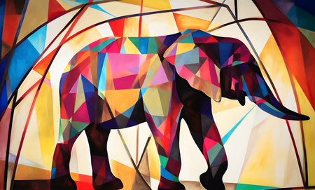 A beautiful elephant, modern artwork, abstract colorful painting with geometric shapes. Hand drawn digital painting. Created with generative AIの素材
