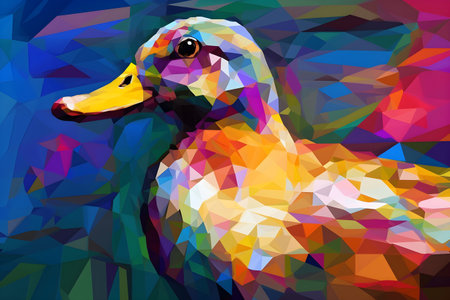 A beautiful duck, modern artwork, abstract colorful painting with geometric shapes. Hand drawn digital painting. Created with generative AIの素材