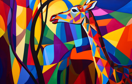 A beautiful giraffe, modern artwork, abstract colorful painting with geometric shapes. Hand drawn digital painting. Created with generative AIの素材