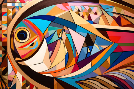 A beautiful fish, modern artwork, abstract colorful painting with geometric shapes. Hand drawn digital painting. Created with generative AIの素材