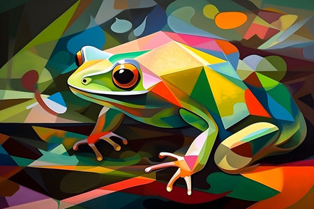 A beautiful frog, modern artwork, abstract colorful painting with geometric shapes. Hand drawn digital painting. Created with generative AIの素材