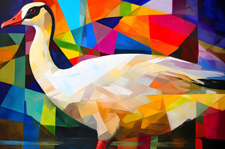 A beautiful goose, modern artwork, abstract colorful painting with geometric shapes. Hand drawn digital painting. Created with generative AIの素材