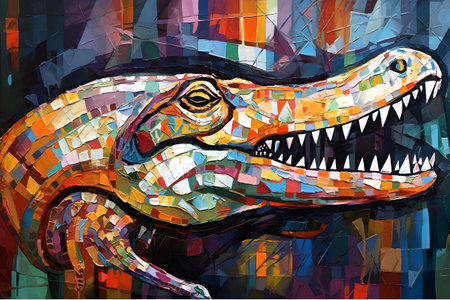 A beautiful crocodile, modern artwork, abstract colorful painting with geometric shapes. Hand drawn digital painting. Created with generative AIの素材