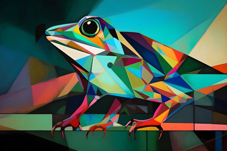 A beautiful frog, modern artwork, abstract colorful painting with geometric shapes. Hand drawn digital painting. Created with generative AIの素材