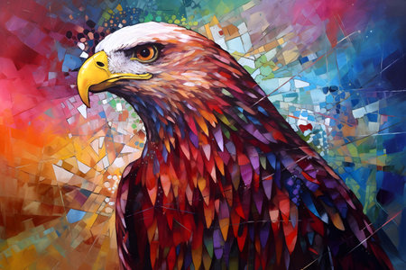 A beautiful hawk, modern artwork, abstract colorful painting with geometric shapes. Hand drawn digital painting. Created with generative AIの素材