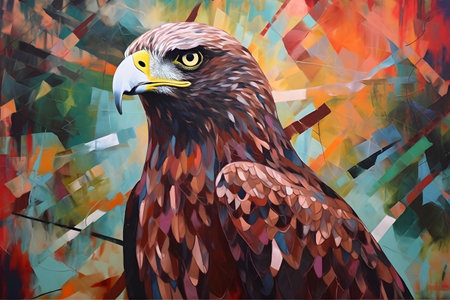 A beautiful hawk, modern artwork, abstract colorful painting with geometric shapes. Hand drawn digital painting. Created with generative AIの素材