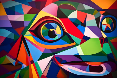 A beautiful frog, modern artwork, abstract colorful painting with geometric shapes. Hand drawn digital painting. Created with generative AIの素材
