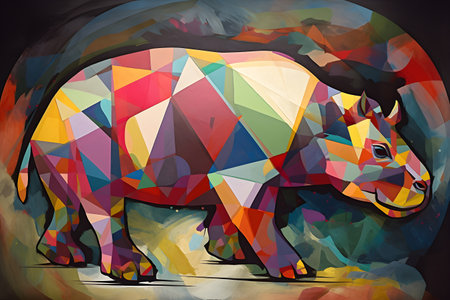 A beautiful hippopotamus, modern artwork, abstract colorful painting with geometric shapes. Hand drawn digital painting. Created with generative AIの素材