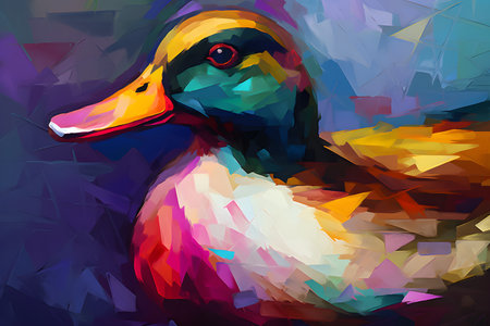 A beautiful duck, modern artwork, abstract colorful painting with geometric shapes. Hand drawn digital painting. Created with generative AIの素材