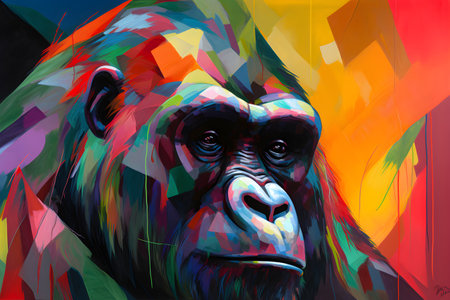A beautiful gorilla, modern artwork, abstract colorful painting with geometric shapes. Hand drawn digital painting. Created with generative AIの素材
