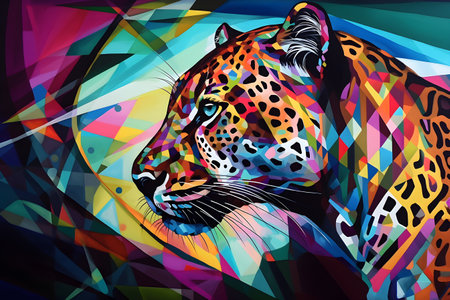 A beautiful leopard, modern artwork, abstract colorful painting with geometric shapes. Hand drawn digital painting. Created with generative AIの素材