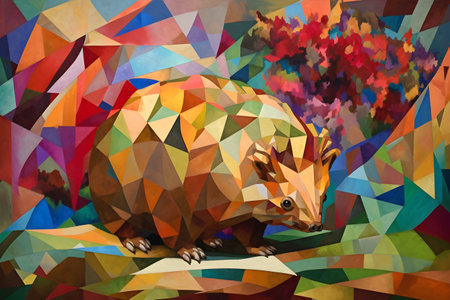 A beautiful hedgehog, modern artwork, abstract colorful painting with geometric shapes. Hand drawn digital painting. Created with generative AIの素材