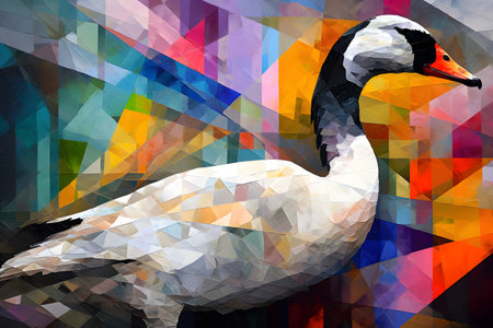 A beautiful goose, modern artwork, abstract colorful painting with geometric shapes. Hand drawn digital painting. Created with generative AIの素材