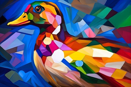 A beautiful duck, modern artwork, abstract colorful painting with geometric shapes. Hand drawn digital painting. Created with generative AIの素材
