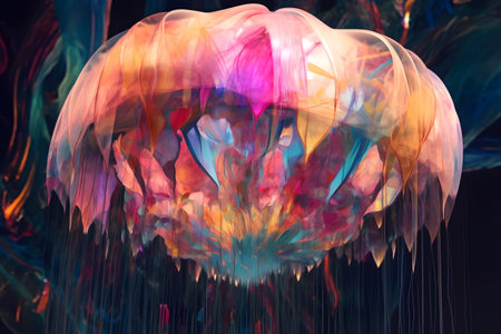 A beautiful jellyfish, modern artwork, abstract colorful painting with geometric shapes. Hand drawn digital painting. Created with generative AIの素材