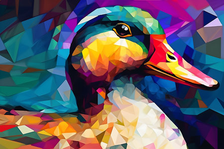 A beautiful duck, modern artwork, abstract colorful painting with geometric shapes. Hand drawn digital painting. Created with generative AIの素材