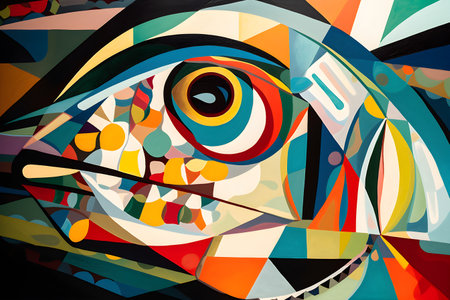 A beautiful fish, modern artwork, abstract colorful painting with geometric shapes. Hand drawn digital painting. Created with generative AIの素材