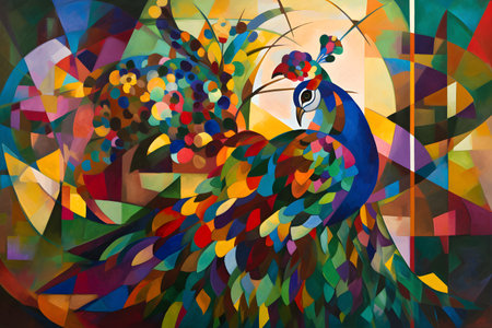 A beautiful peacock, modern artwork, abstract colorful painting with geometric shapes. Hand drawn digital painting. Created with generative AIの素材
