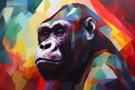 A beautiful gorilla, modern artwork, abstract colorful painting with geometric shapes. Hand drawn digital painting. Created with generative AIの素材