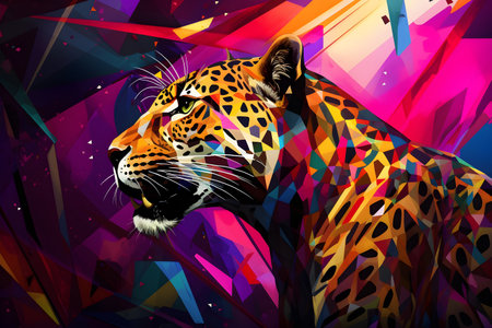 A beautiful leopard, modern artwork, abstract colorful painting with geometric shapes. Hand drawn digital painting. Created with generative AIの素材