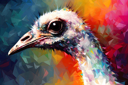 A beautiful ostrich, modern artwork, abstract colorful painting with geometric shapes. Hand drawn digital painting. Created with generative AIの素材