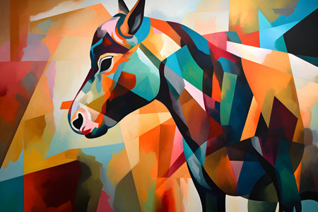 A beautiful donkey, modern artwork, abstract colorful painting with geometric shapes. Hand drawn digital painting. Created with generative AIの素材