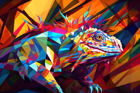 A beautiful iguana, modern artwork, abstract colorful painting with geometric shapes. Hand drawn digital painting. Created with generative AIの素材