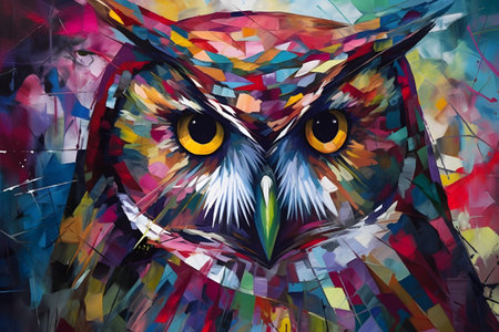 A beautiful owl, modern artwork, abstract colorful painting with geometric shapes. Hand drawn digital painting. Created with generative AIの素材