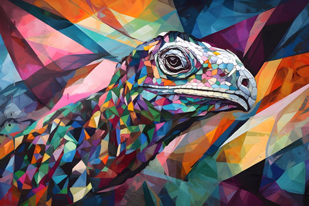 A beautiful iguana, modern artwork, abstract colorful painting with geometric shapes. Hand drawn digital painting. Created with generative AIの素材