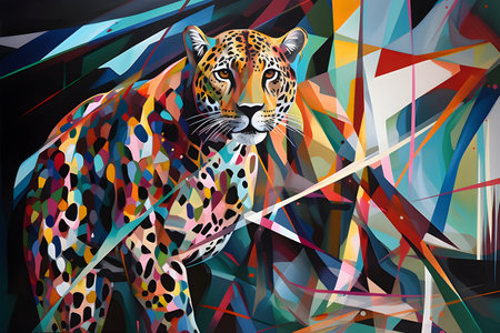 A beautiful leopard, modern artwork, abstract colorful painting with geometric shapes. Hand drawn digital painting. Created with generative AIの素材