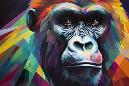 A beautiful gorilla, modern artwork, abstract colorful painting with geometric shapes. Hand drawn digital painting. Created with generative AIの素材