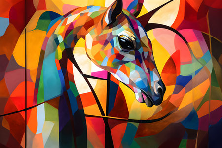 A beautiful giraffe, modern artwork, abstract colorful painting with geometric shapes. Hand drawn digital painting. Created with generative AIの素材