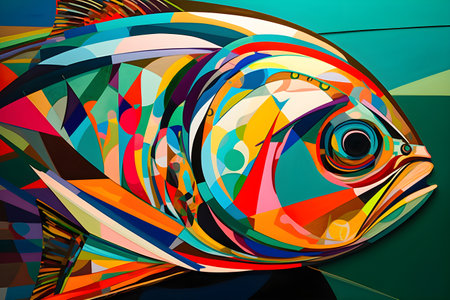 A beautiful fish, modern artwork, abstract colorful painting with geometric shapes. Hand drawn digital painting. Created with generative AIの素材