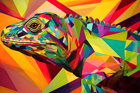 A beautiful iguana, modern artwork, abstract colorful painting with geometric shapes. Hand drawn digital painting. Created with generative AIの素材