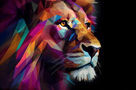 A beautiful lion, modern artwork, abstract colorful painting with geometric shapes. Hand drawn digital painting. Created with generative AIの素材